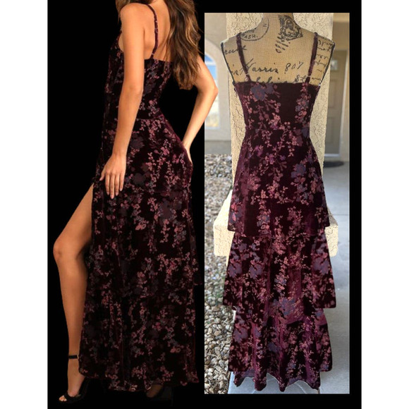 LuLus Plum Purple Floral Burnout Velvet Tiered I Love You Maxi Dres Size: L - Picture 6 of 11